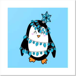 Cute Jewish Hanukkah Chrismukkah Christmas Tree Wrapped Penguin Cartoon, made by EndlessEmporium Posters and Art